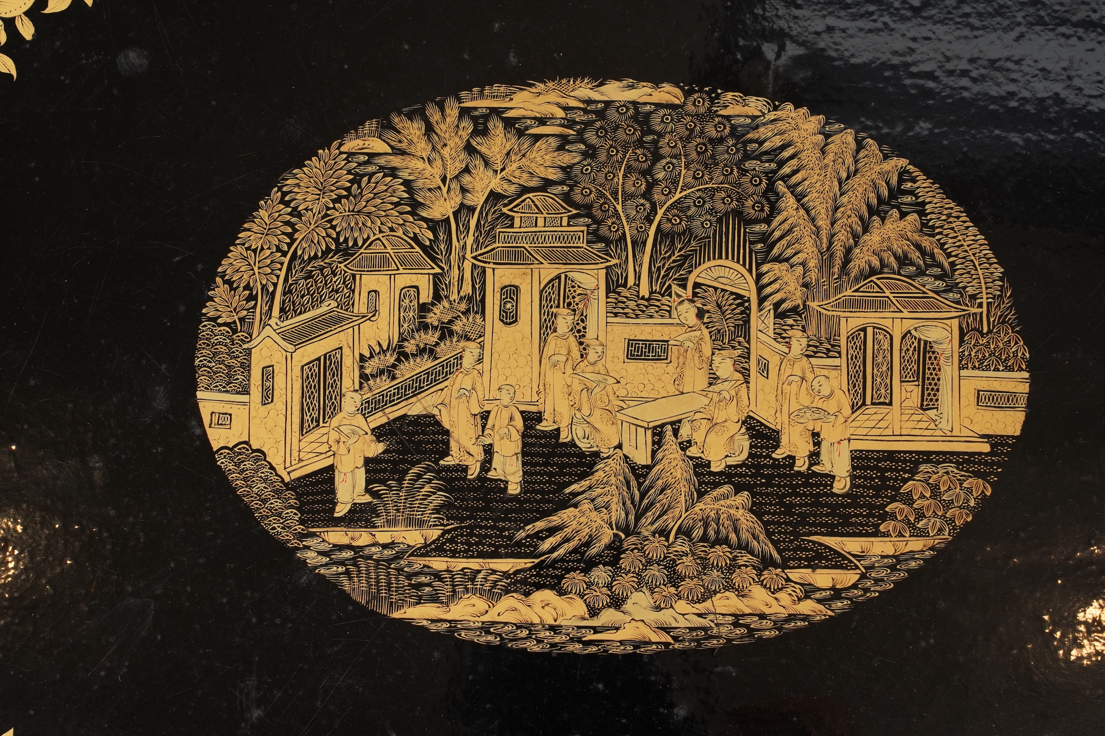 Two Chinese gilt decorated black lacquer games boxes, containing numerous mother-of-pearl counters, 19th century